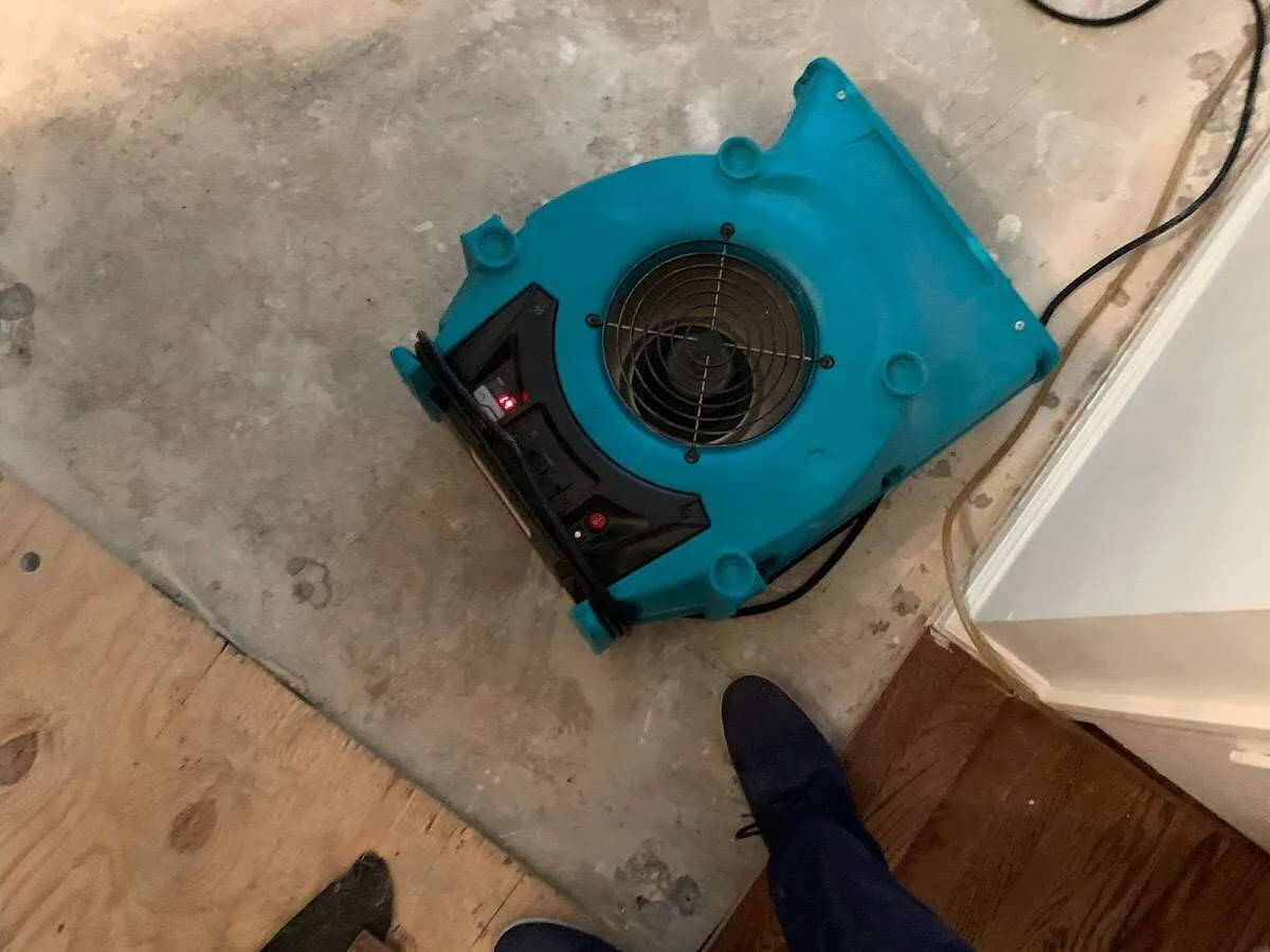 Air mover drying subfloor during Commercial Water Damage Restoration in Fallbrook